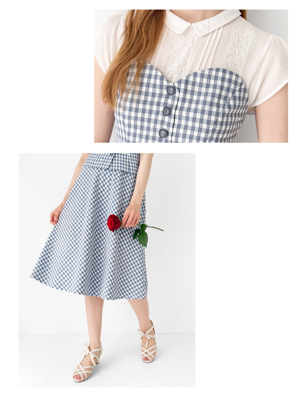 Gingham check dress with layered-look bustier -an3 Limited-