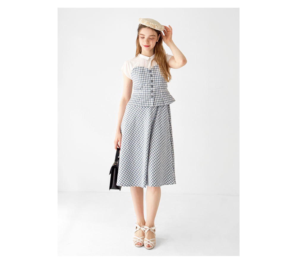 Gingham check dress with layered-look bustier -an3 Limited-