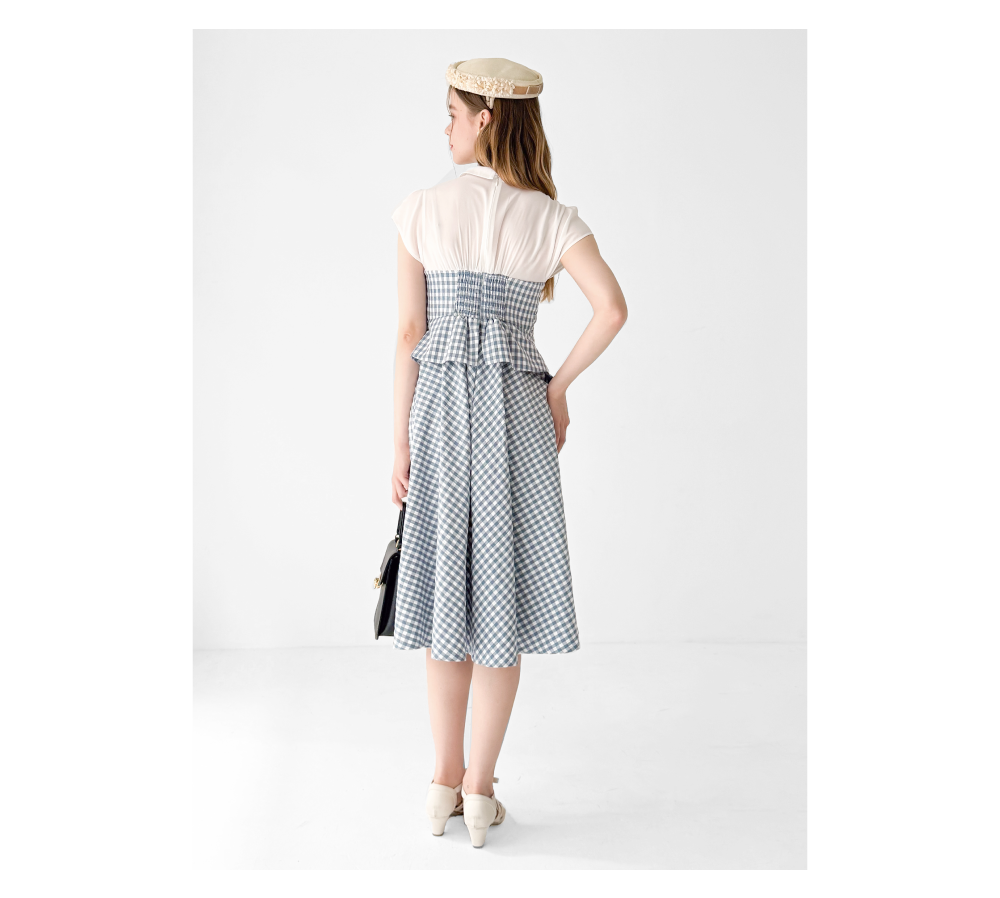 Gingham check dress with layered-look bustier -an3 Limited-
