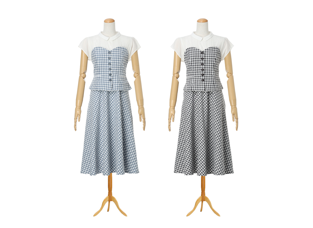Gingham check dress with layered-look bustier -an3 Limited-