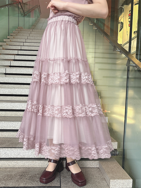 Lace switched tulle tiered skirt -レース切替チュールティアード