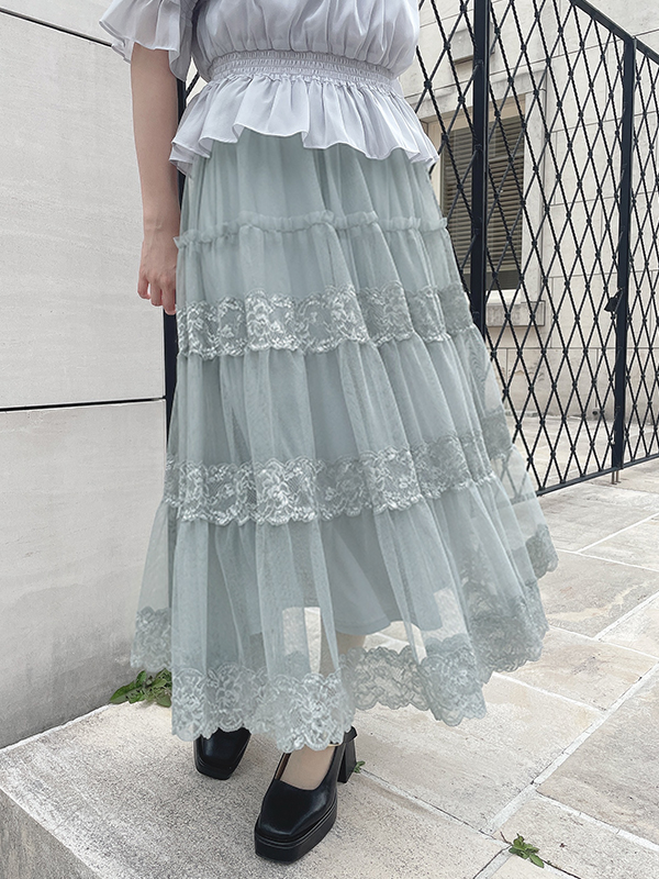 Lace switched tulle tiered skirt -レース切替チュールティアード