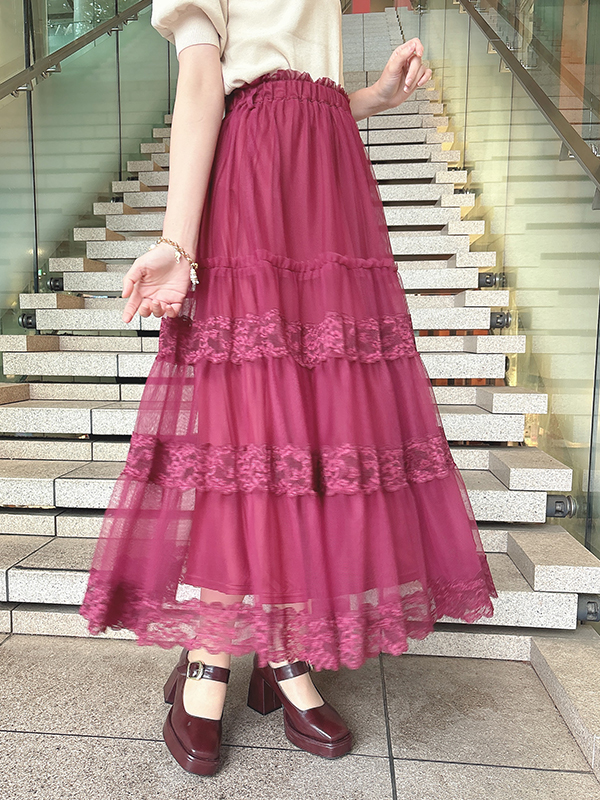 Lace switched tulle tiered skirt -レース切替チュールティアード