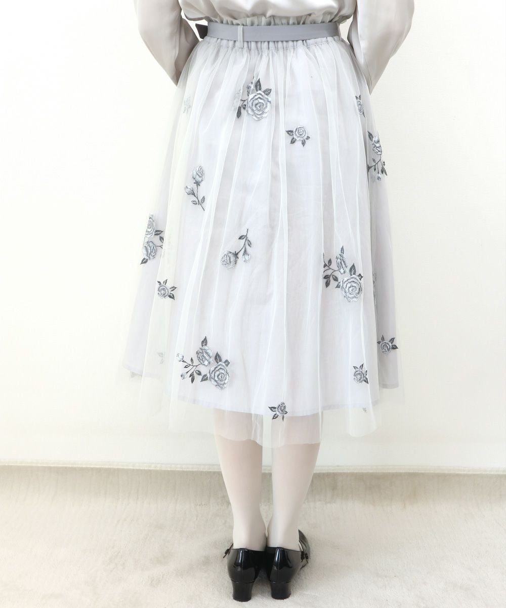 ベルト付きローズ総刺繍チュールスカート/an another angelus