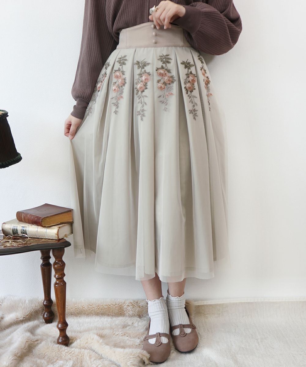 アンティークローズ刺繍チュールタックスカート/an another angelus