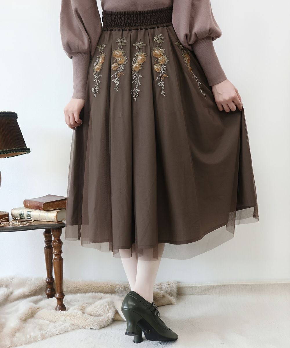 アンティークローズ刺繍チュールタックスカート/an another angelus