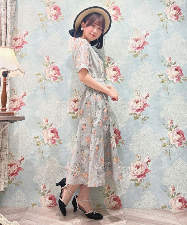 アートタッチ花柄変形開衿ワンピース/an another angelus [41BE02h003