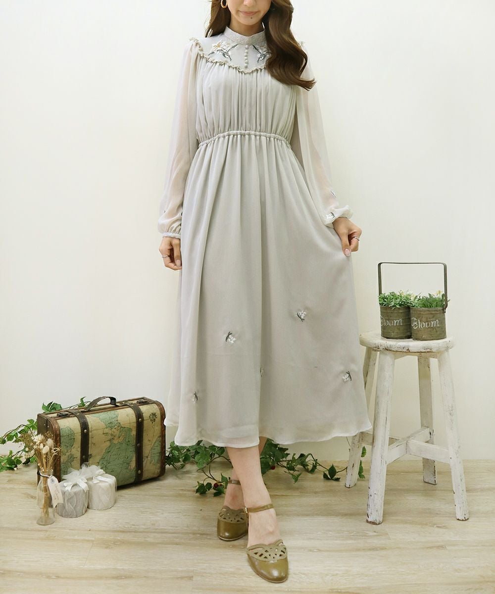 リリーフラワー刺繍楊柳シフォンワンピース/an another angelus