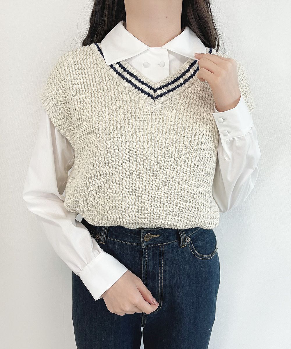 2024年☆新品【エブリデイアイライク】綿ニットベスト　コットン100% □ライン使いニットベスト/F i.n.t [41AJ02f003] | F i.n.t公式通販サイト