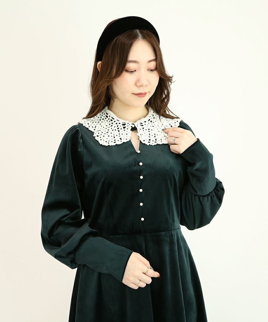 クロシェニットレース衿ベロアワンピース/an another angelus Limited