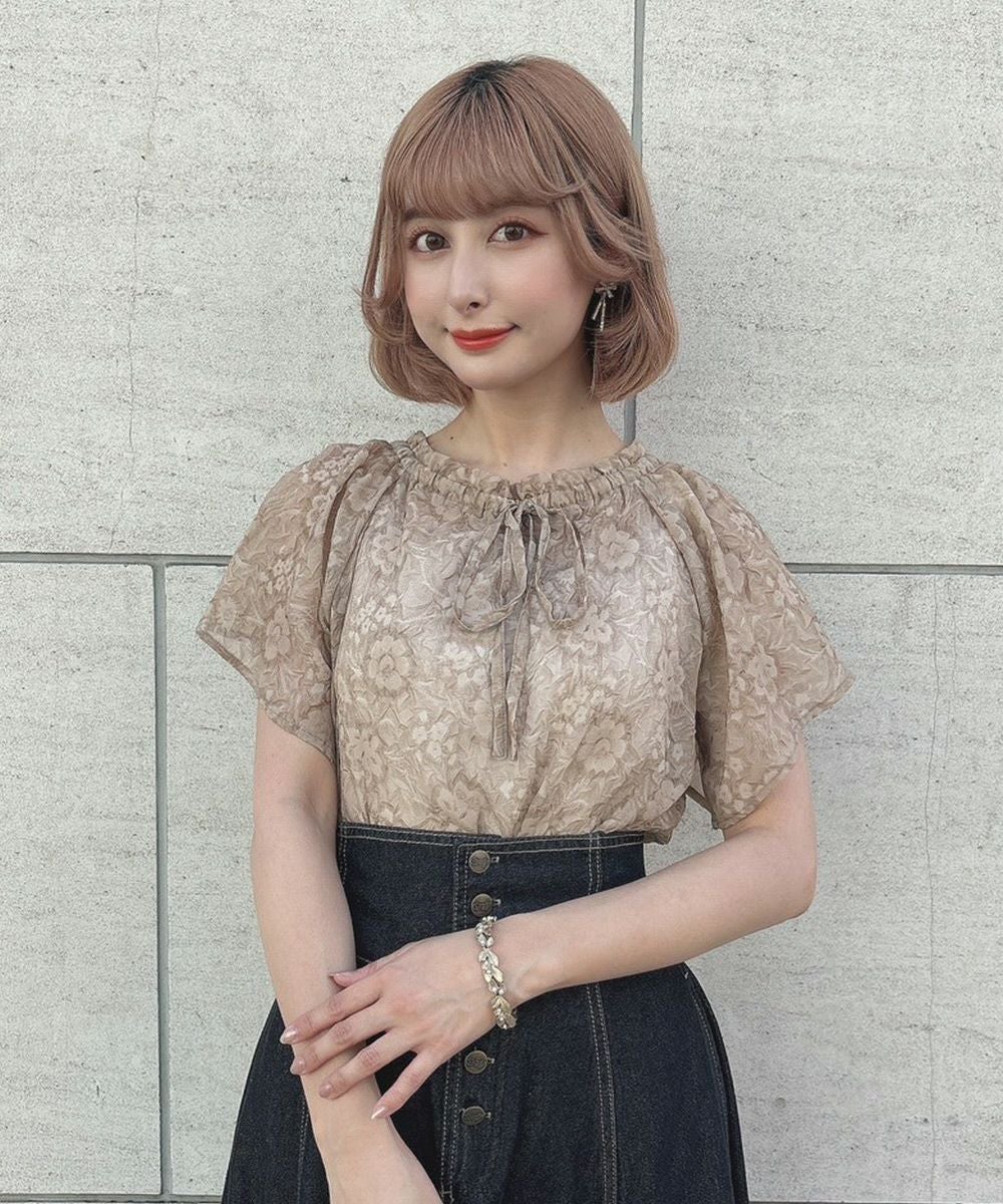 ニナリッチ シルクトップス 変形 オフショルダー フレア 34 ベージュ □シアーシュリンクオフショルトップス/an another angelus
