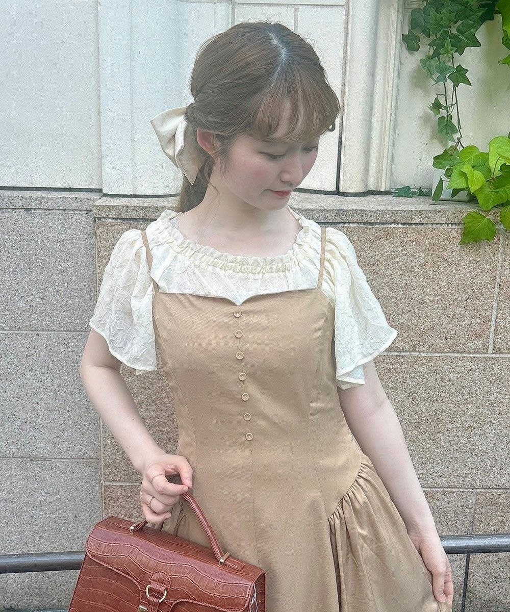 ニナリッチ シルクトップス 変形 オフショルダー フレア 34 ベージュ □シアーシュリンクオフショルトップス/an another angelus