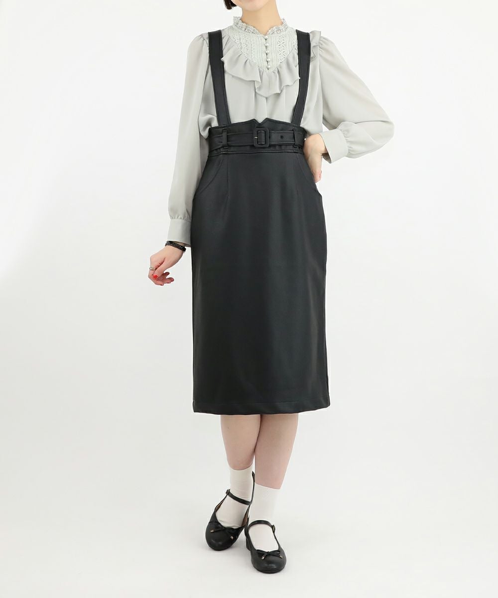 □ハイウエストサスペンダー付きフェイクレザータイトスカート/F i.n.t