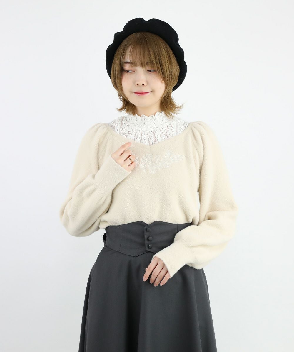 □ローズ同色刺繍シャギーニットプルオーバー/an another angelus