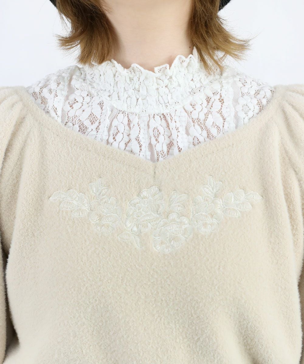 ❤最高級シルク100%❤希少!!クレージュ アンサンブル ニット 刺繍ロゴ 9号 □ローズ同色刺繍シャギーニットプルオーバー/an another angelus