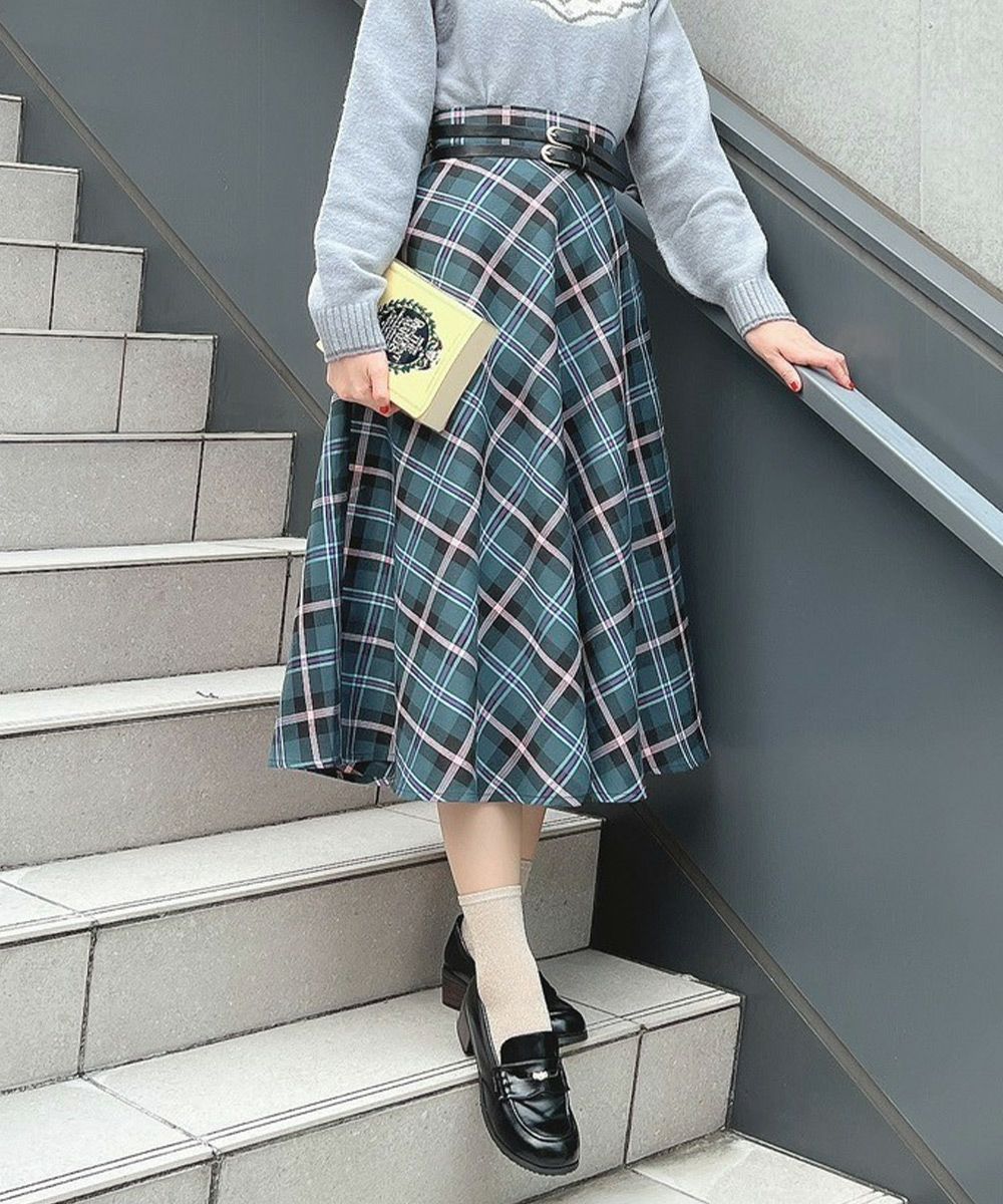 □ダブルベルト付きチェックフレアースカート/an another angelus