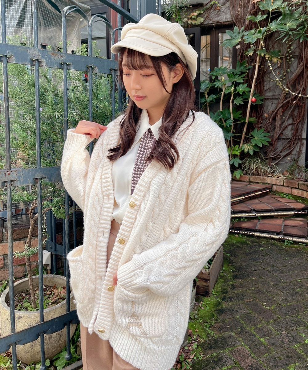 エッフェル塔ニット♡ エッフェル塔ロゴ刺繍腰丈ケーブルニットカーディガン/F i.n.t
