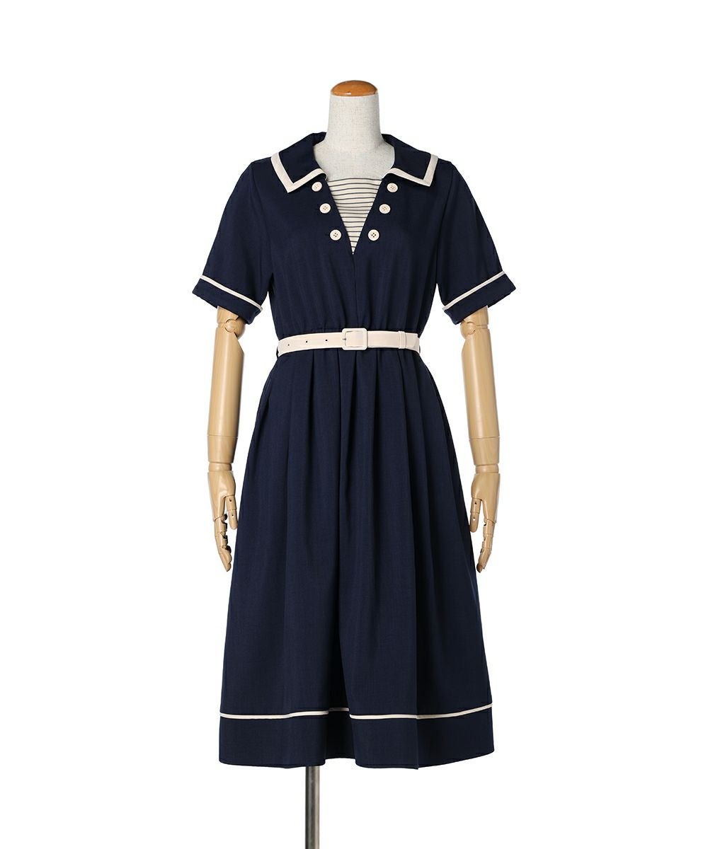 美品★現行品★80cm familiar 紺白ボーダー長袖ワンピース ダブル釦ボーダーヨークマリンワンピース/F i.n.t [50AE02h014] | F