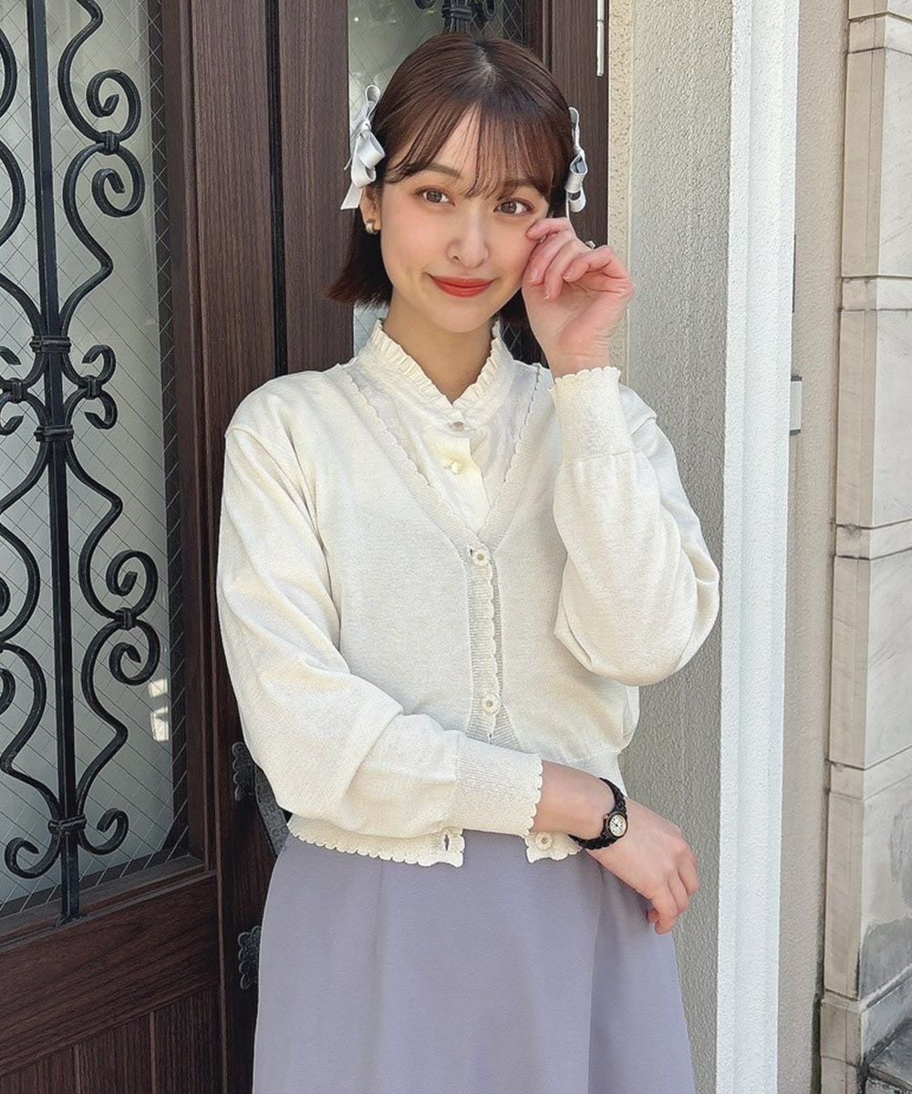 □ガラス風クリアフラワー釦UVカットニットカーディガン/F&A