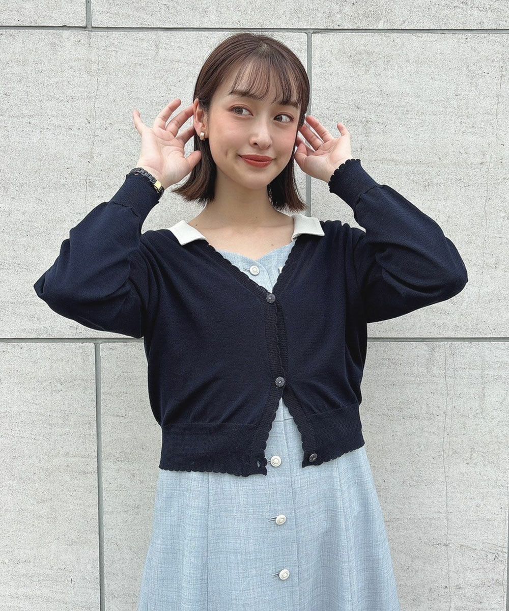 □ガラス風クリアフラワー釦UVカットニットカーディガン/F&A