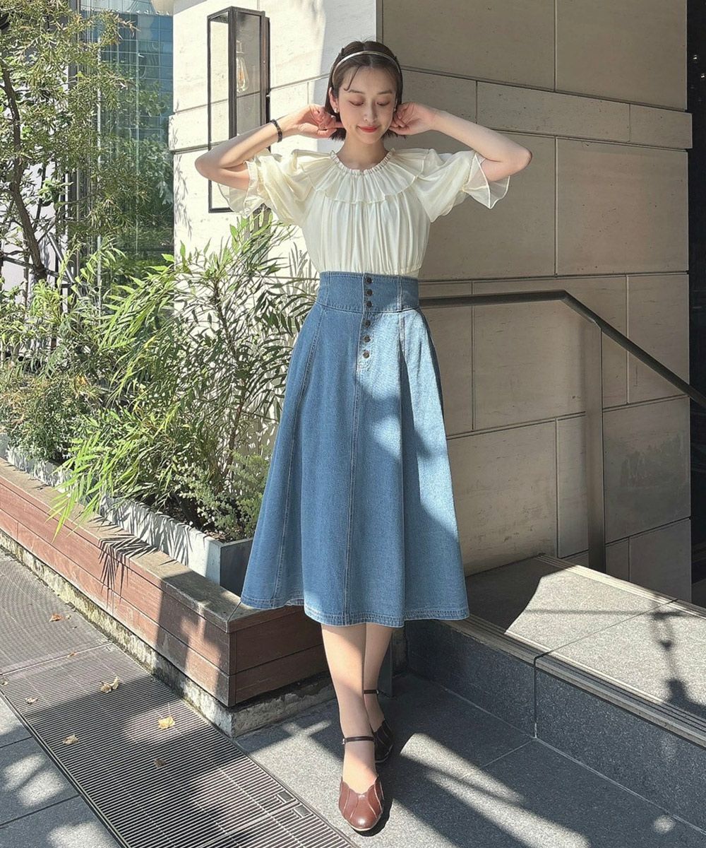 □フロント釦デニムフレアースカート/an another angelus [49BG02p008