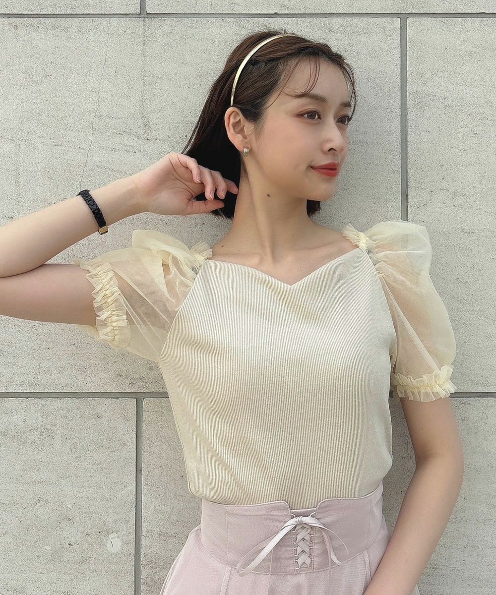 H&M パフスリーブチュールブラウス　値下げしました □チュールパフスリーブカットトップス/an another angelus