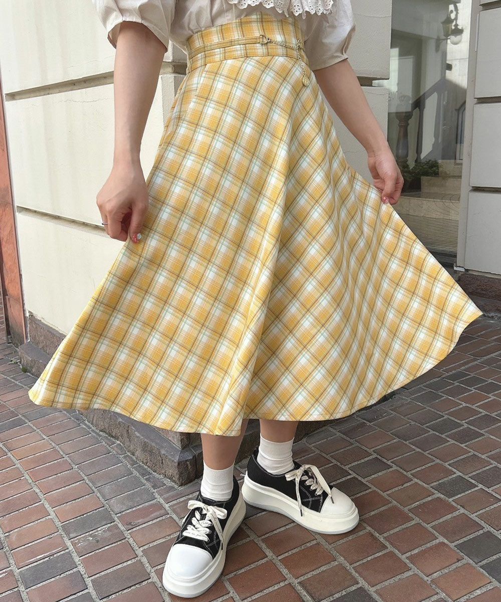 □コインチェーン使いパステルチェックフレアースカート/F&A