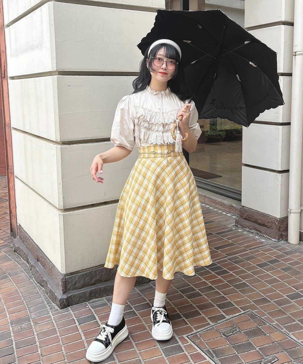 See by Chloe 刺繍コットンスカート white+yellow □コインチェーン使いパステルチェックフレアースカート/F&A