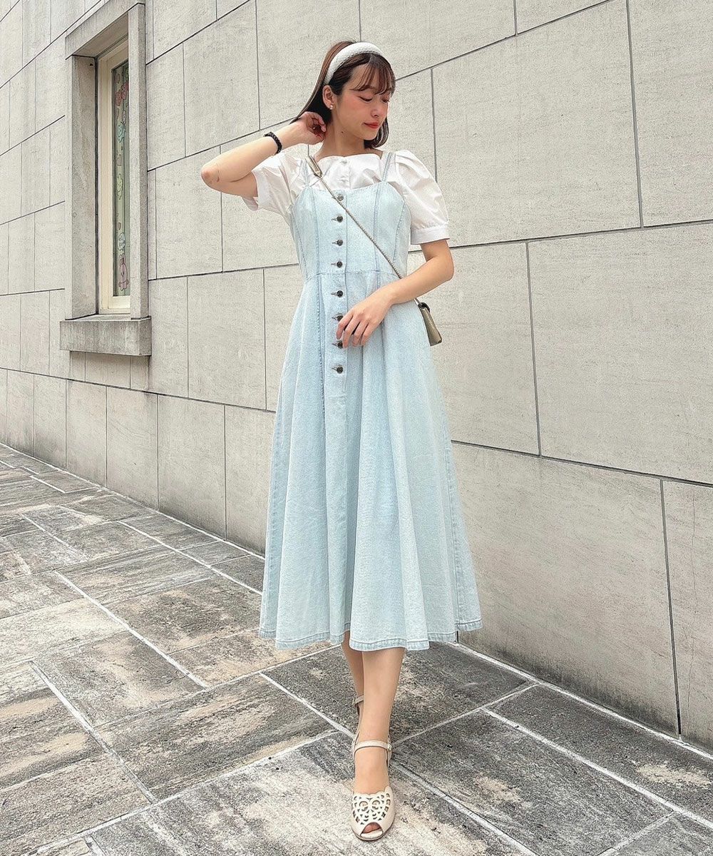 □フロント釦デニムフレアーキャミワンピース/an another angelus