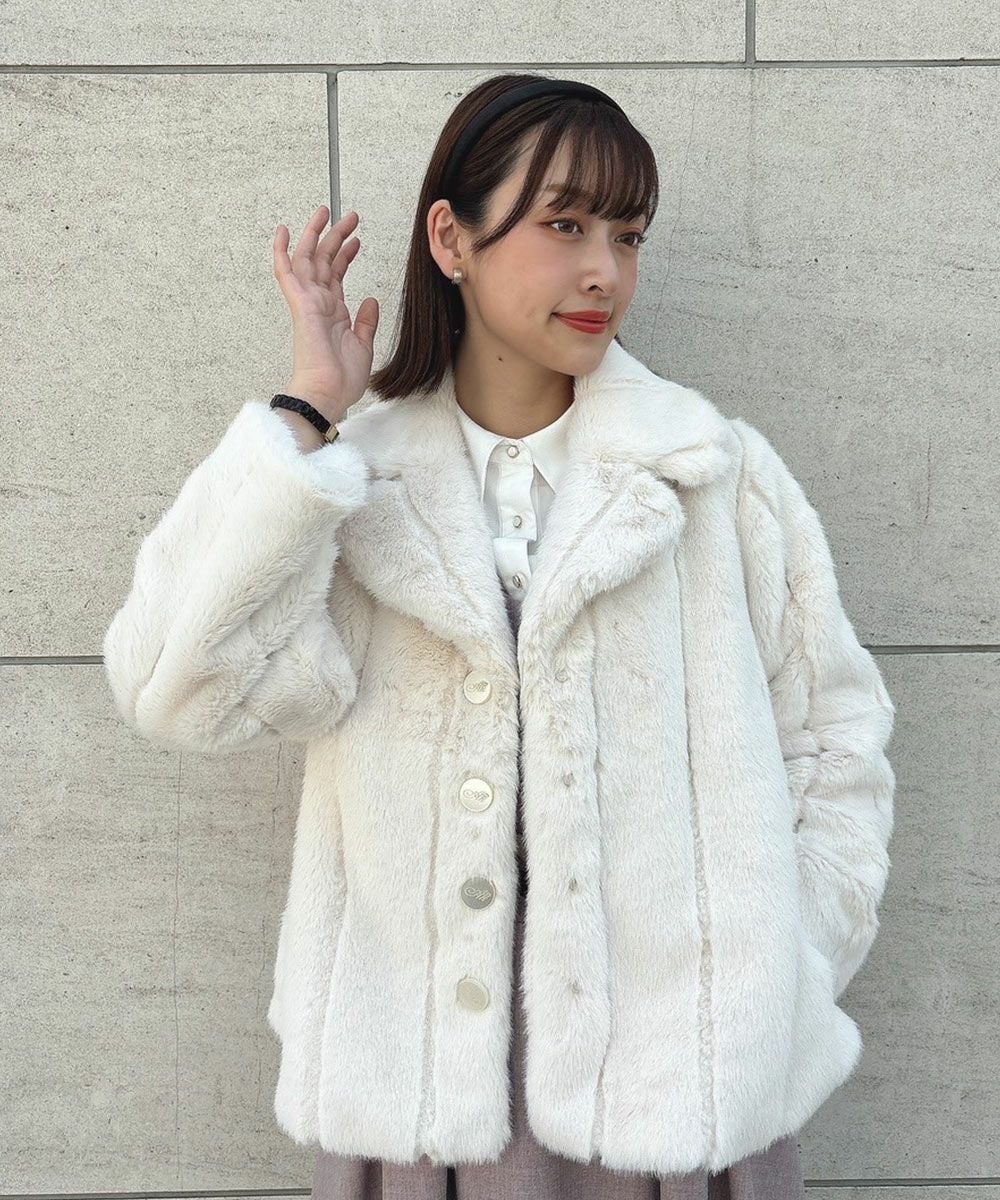 □イニシャル釦ストライプエコファーコート/an another angelus