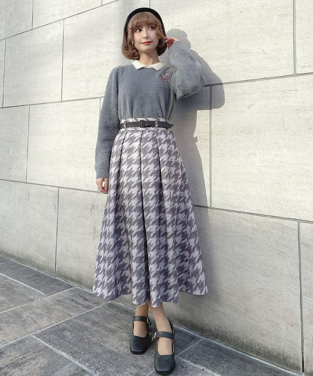 □ハンドペイント千鳥柄タックスカート/an another angelus