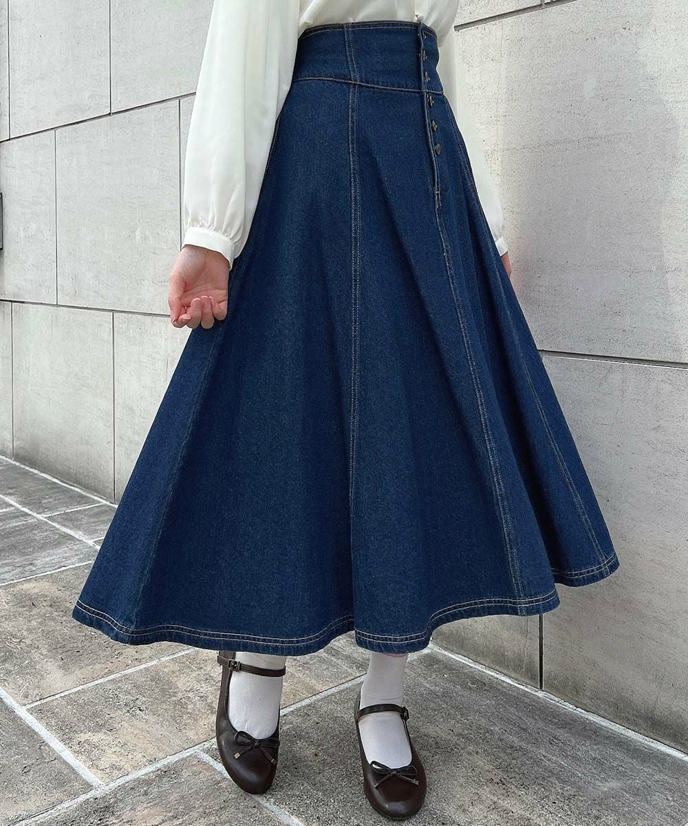 サイズ展開】フロント釦デニムフレアースカート/an another angelus