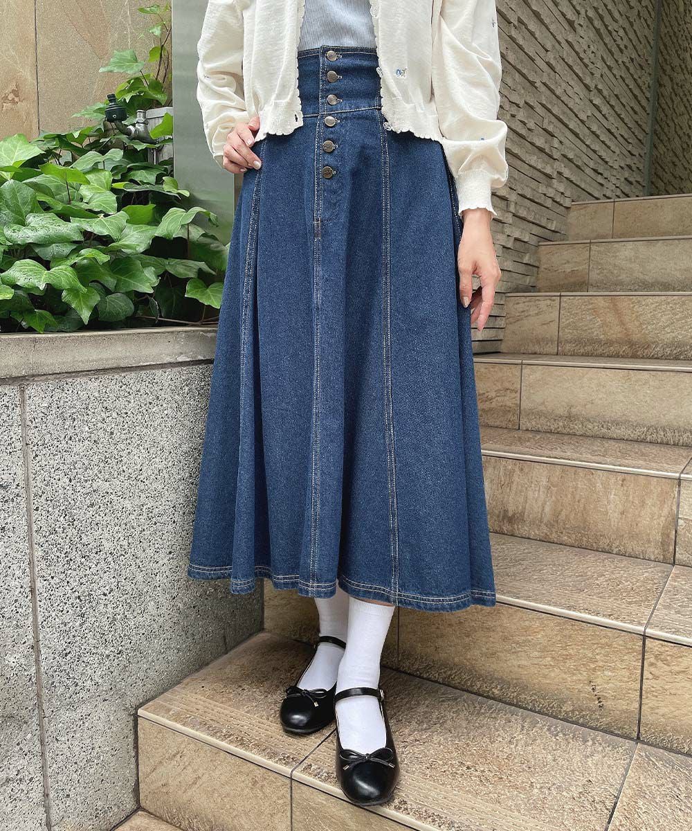 サイズ展開】フロント釦デニムフレアースカート/an another angelus