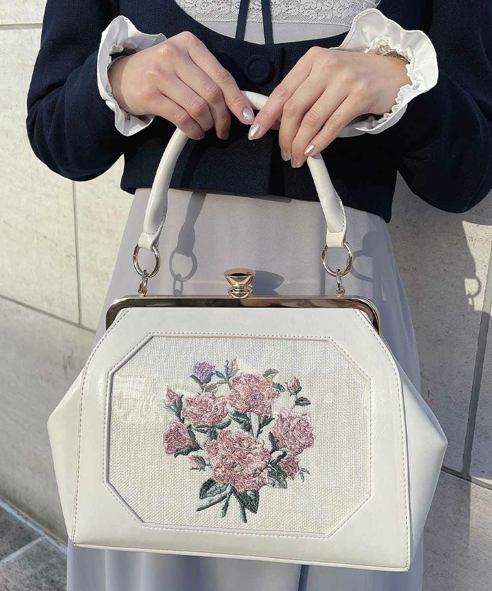ブーケ刺繍ワイドがま口バッグ アンアナザーアンジェラス フィント □ブーケ刺繍ワイドがま口バッグ/an another angelus [53BC05a004] | F
