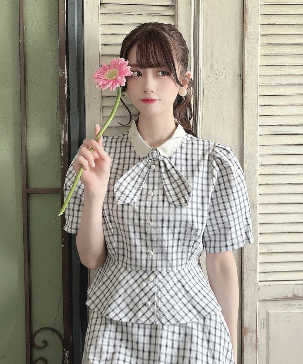 □クレリック衿ドビーチェックペプラムブラウス/F i.n.t [53AF02h011