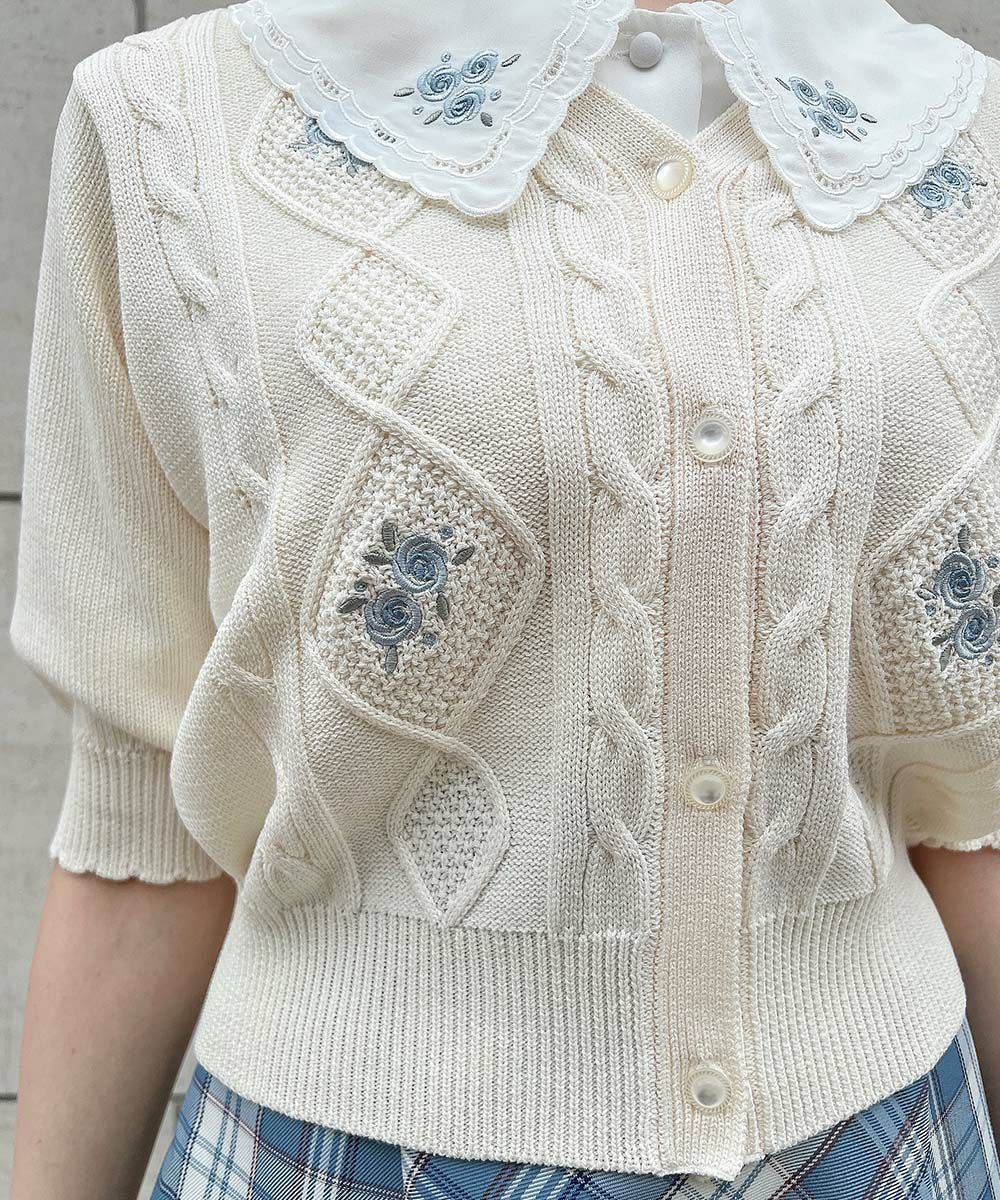 スーパービューティー パリ刺繍 サマーニットカーディガン ホワイト 44 □リトルローズ刺繍サマーニットカーディガン/F i.n.t [53AJ04g003