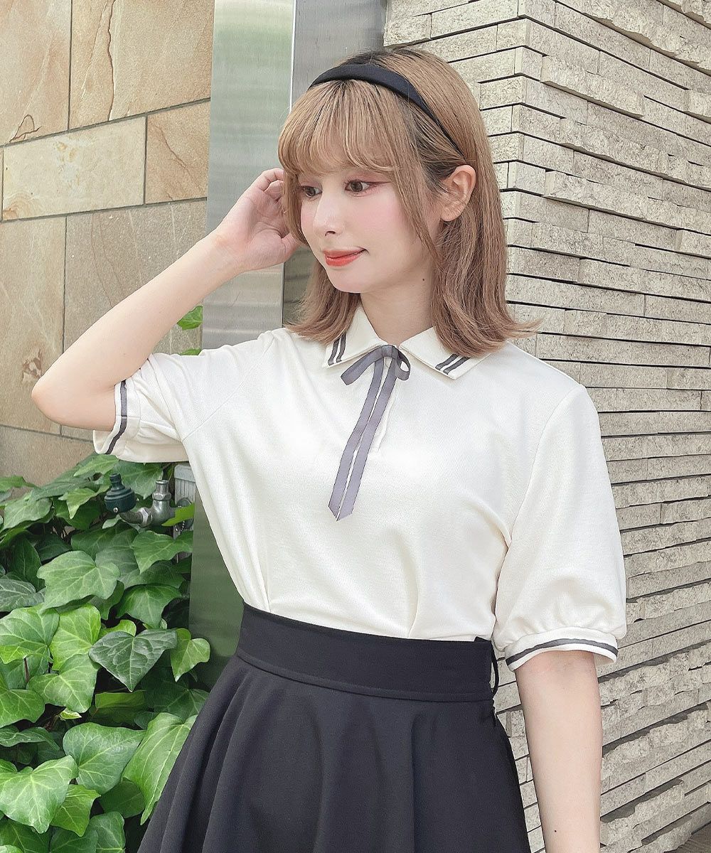 □リボンタイ付きライン入りポロシャツ/F i.n.t [53AI07h012] | F