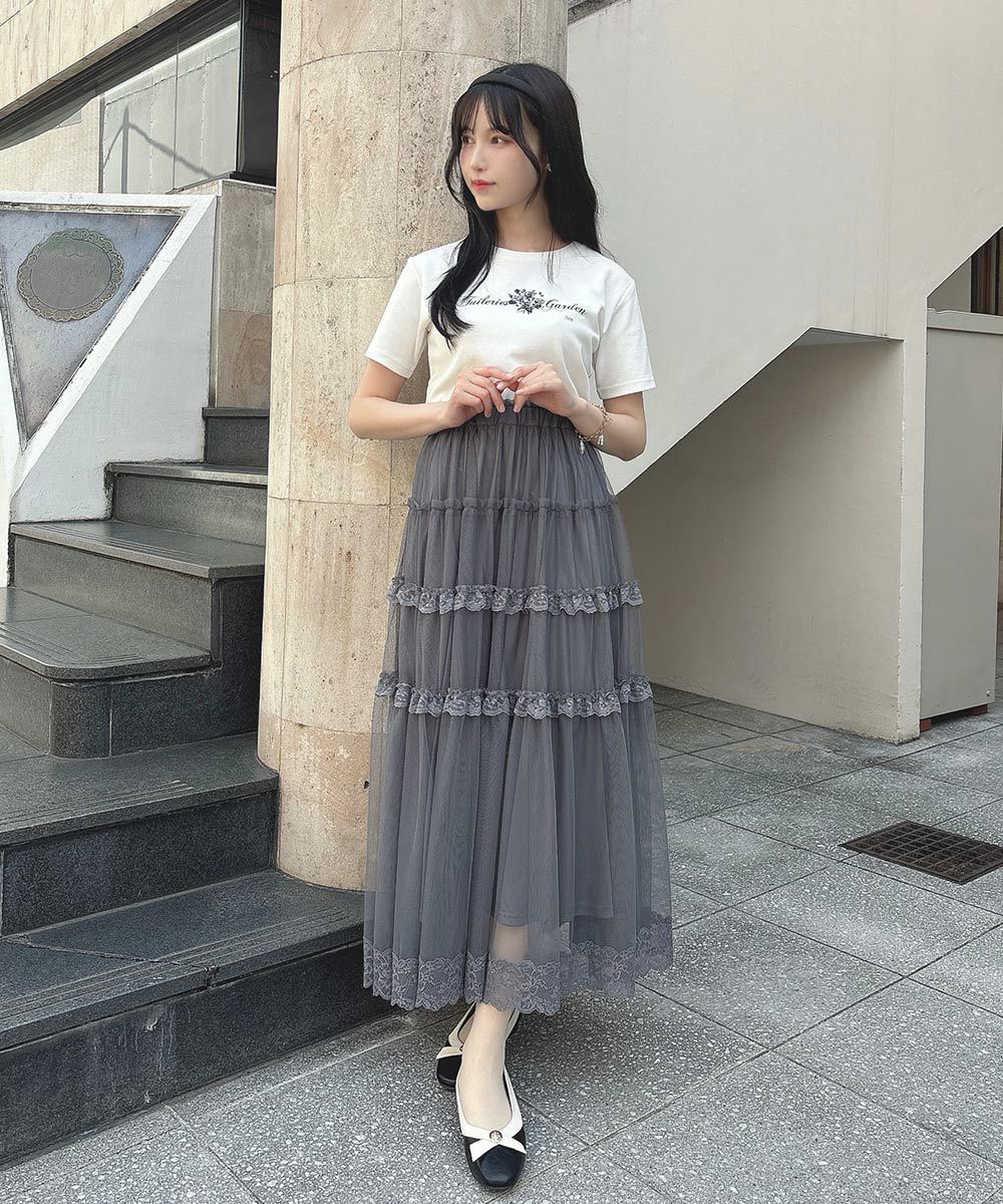 美品 AMERI VINTAGE チュールレイヤードスカート グレージュ S チュールティアードレイヤードスカート（マキシ丈/ロングスカート