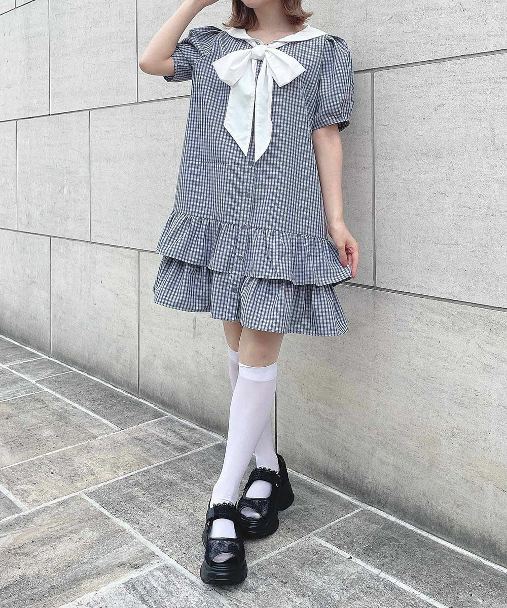 □ローウエストセーラーチェックシャツワンピース/F i.n.t [54AE02g016 □ローウエストセーラーチェックシャツワンピース/F i.n.t [54AE02g016