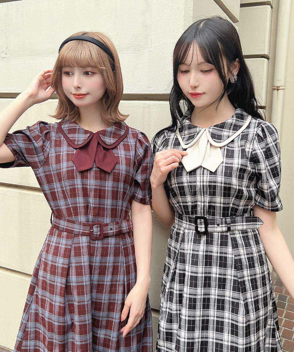 タイ付きダブルカラーチェックワンピース/F i.n.t [55AE02h001] | F