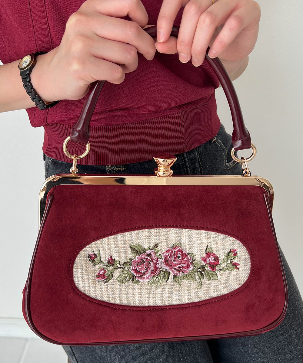 □フレームローズ刺繍クロップドがま口バッグ/an another angelus