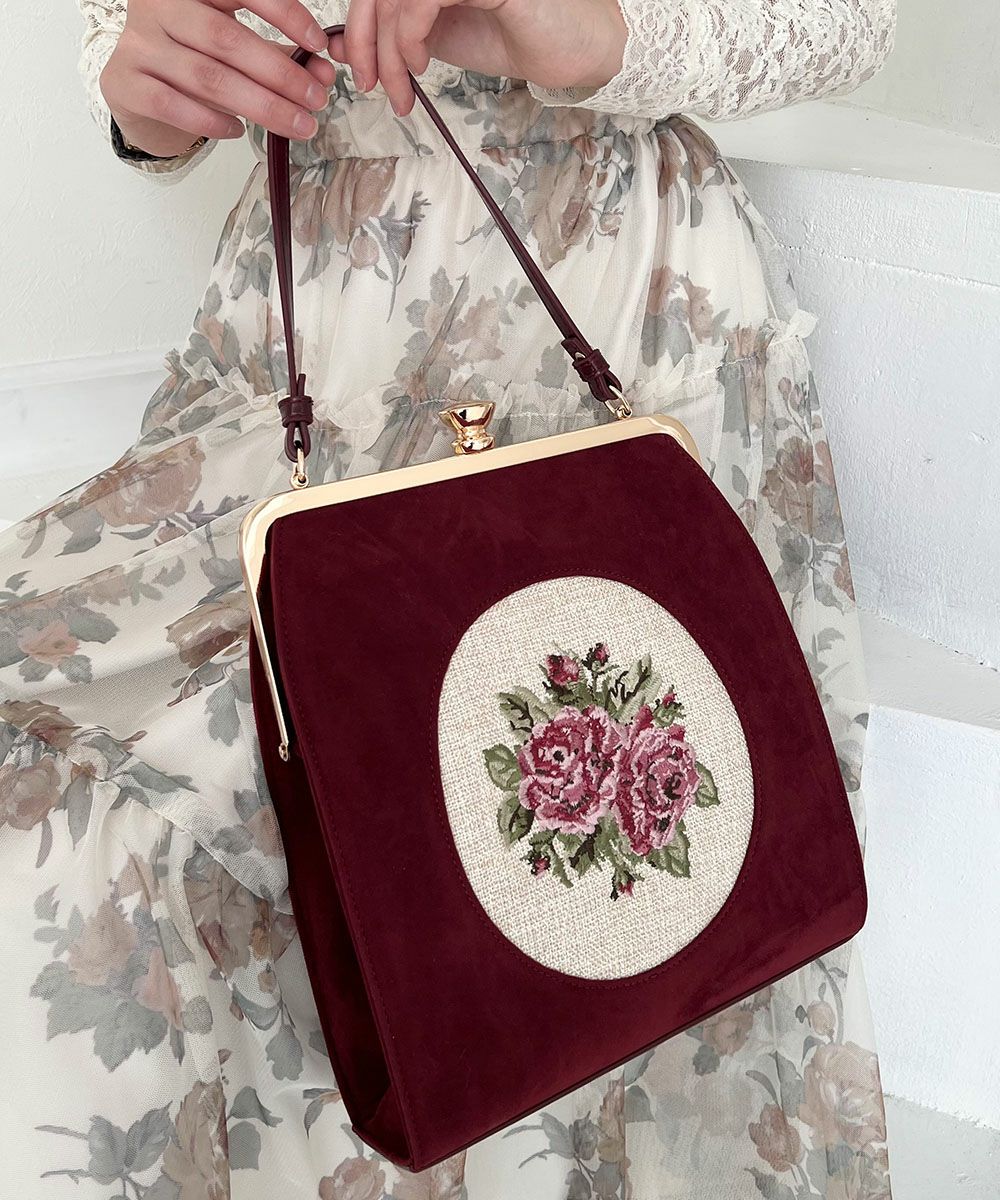 カメオローズ刺繍スクエアがま口バッグ/an another angelus