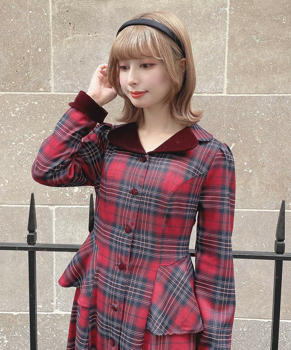 別珍ラペルペプラムチェックワンピース/an another angelus