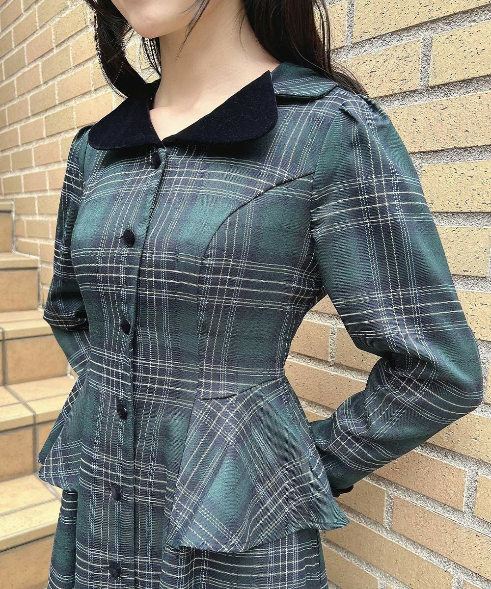 別珍ラペルペプラムチェックワンピース/an another angelus