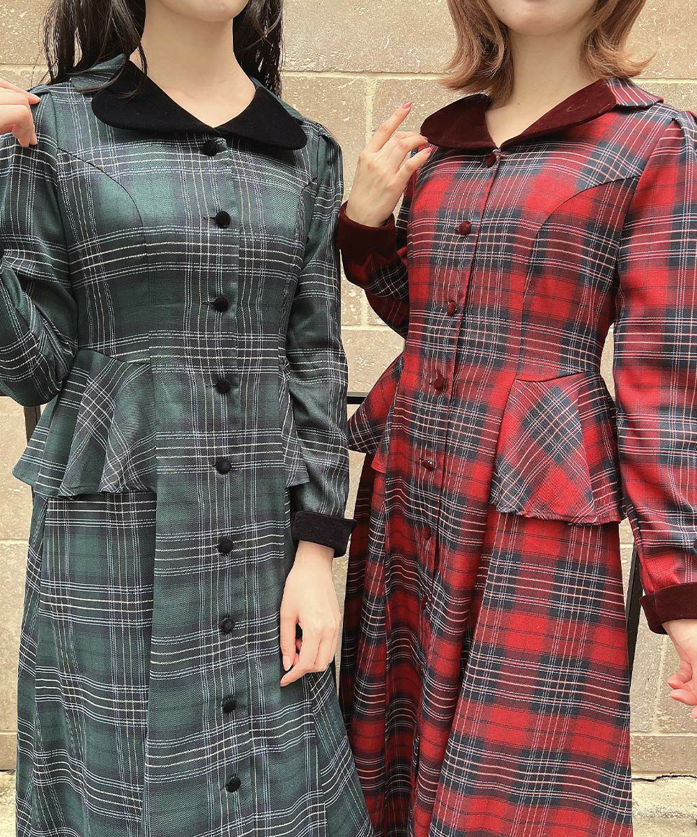 別珍ラペルペプラムチェックワンピース/an another angelus