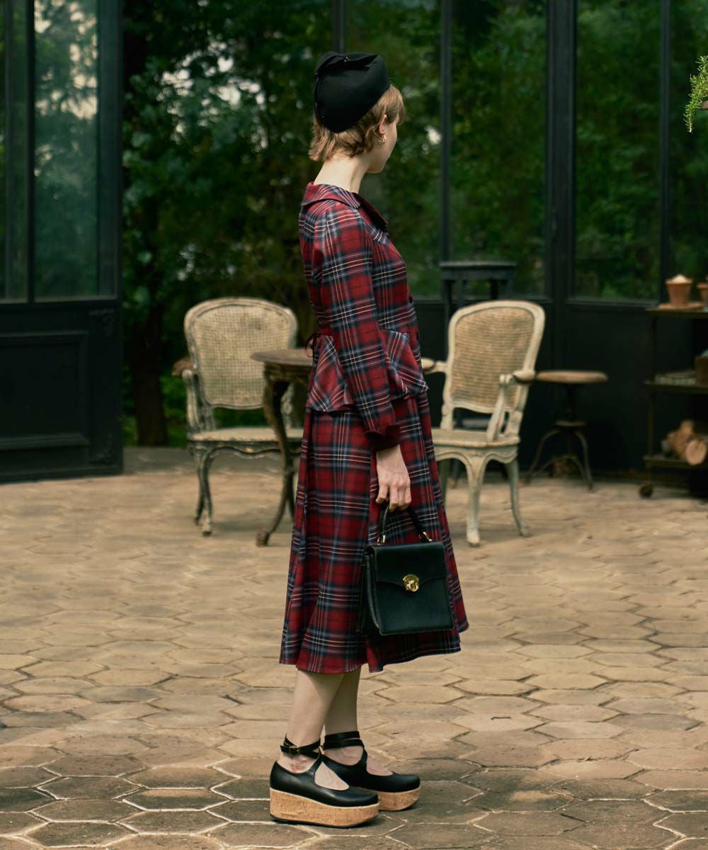 別珍ラペルペプラムチェックワンピース/an another angelus