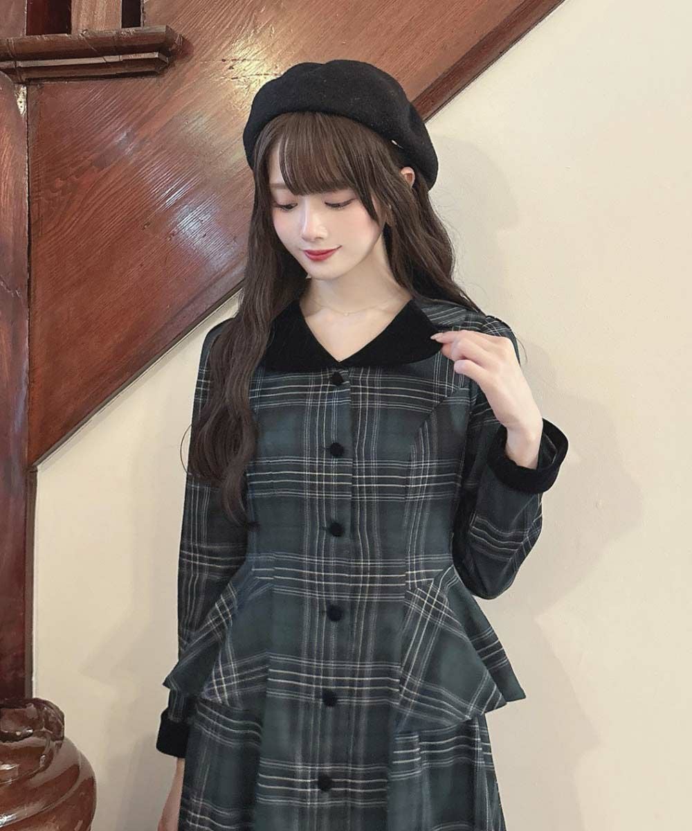 別珍ラペルペプラムチェックワンピース/an another angelus