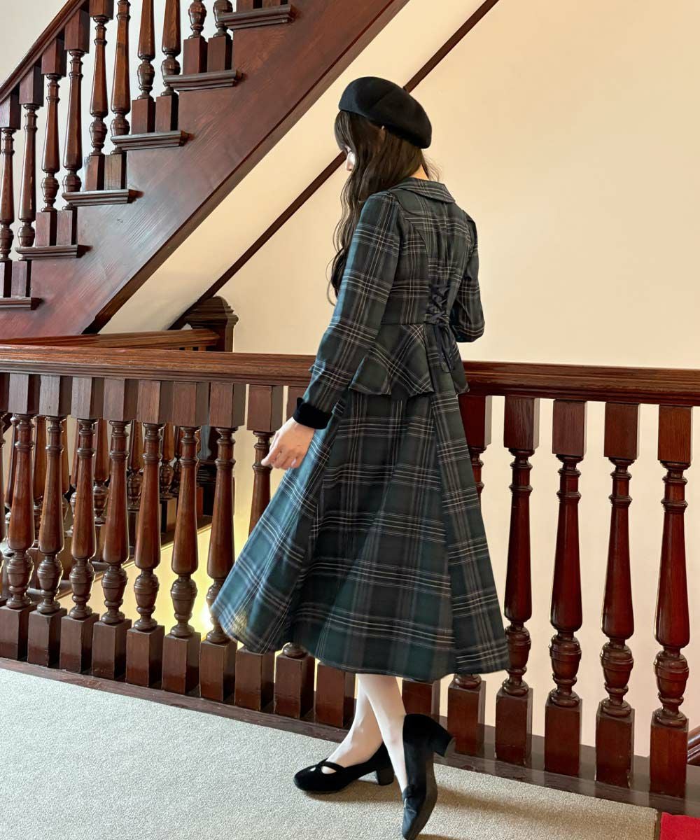 別珍ラペルペプラムチェックワンピース/an another angelus