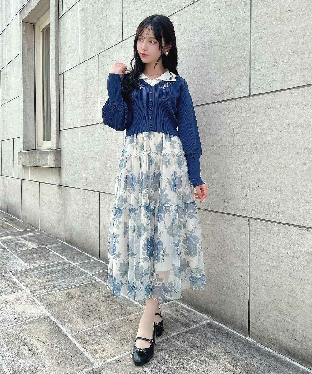 プチローズ刺繍入り変形衿ブラウス/an another angelus [55BF02h001