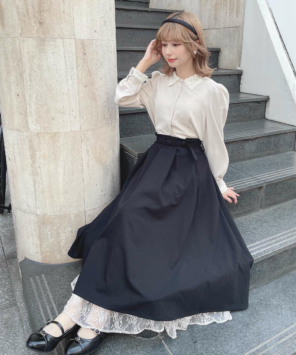 レースレイヤードタックフレアースカート/an another angelus